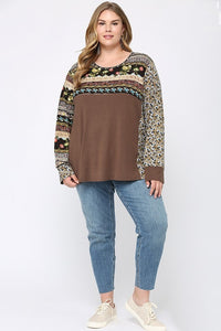 GiGio Top with Mixed Print Contrast in Mocha Top Gigio   