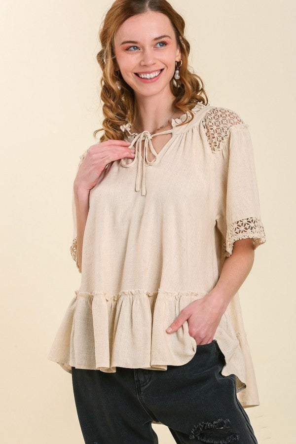 Umgee Top with Crochet Detail in Oatmeal FINAL SALE Top Umgee   