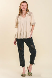 Umgee Top with Crochet Detail in Oatmeal Top Umgee   