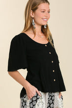 Load image into Gallery viewer, Umgee Linen Blend Top with Smocked Back in Black Top Umgee   
