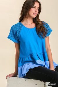 Umgee Tiered Top with Crochet Details in French Blue Top Umgee   