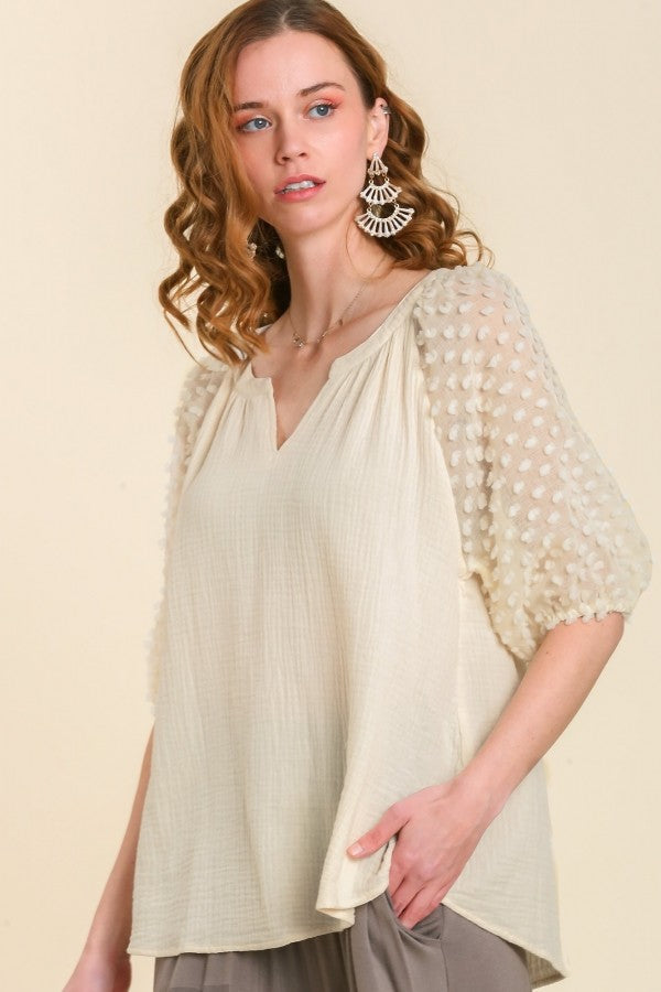 Umgee Top with Floral Applique Sleeves in Cream Top Umgee   