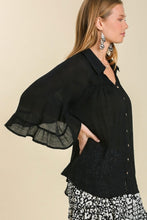 Load image into Gallery viewer, Umgee Sheer Bell Sleeved Collared Top in Black Top Umgee   
