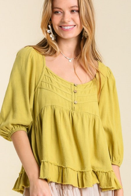 Umgee Linen Blend Top with Button and Frayed Details in Avocado Top Umgee   