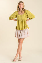 Load image into Gallery viewer, Umgee Linen Blend Top with Button and Frayed Details in Avocado Top Umgee   
