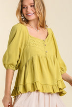 Load image into Gallery viewer, Umgee Linen Blend Top with Button and Frayed Details in Avocado Top Umgee   
