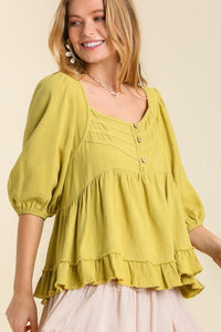 Umgee Linen Blend Top with Button and Frayed Details in Avocado Top Umgee   