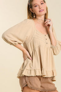 Umgee Linen Blend Top with Button and Frayed Details in Natural Top Umgee   