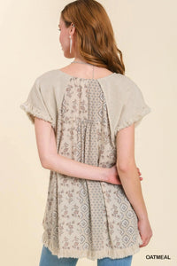 Umgee Top with Floral Applique Sleeves in Oatmeal Top Umgee   