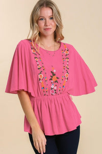 Umgee Linen Blend Top with Flower Embroidery in Hot Pink Top Umgee   