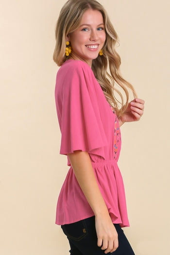 Umgee Linen Blend Top with Flower Embroidery in Hot Pink Top Umgee   