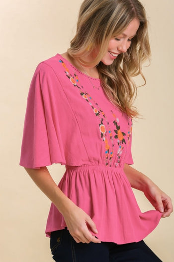 Umgee Linen Blend Top with Flower Embroidery in Hot Pink Top Umgee   