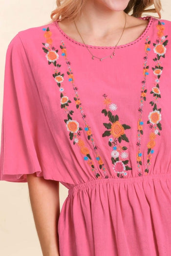 Umgee Linen Blend Top with Flower Embroidery in Hot Pink Top Umgee   