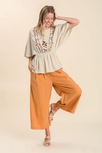 Umgee Linen Blend Top with Flower Embroidery in Oatmeal Top Umgee   