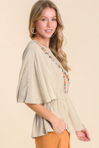 Umgee Linen Blend Top with Flower Embroidery in Oatmeal Top Umgee   