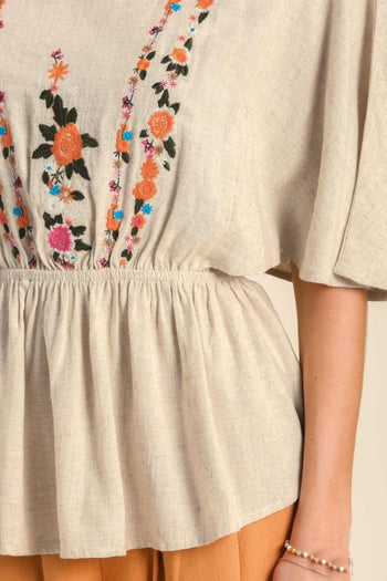 Umgee Linen Blend Top with Flower Embroidery in Oatmeal Top Umgee   