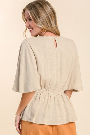 Umgee Linen Blend Top with Flower Embroidery in Oatmeal Top Umgee   