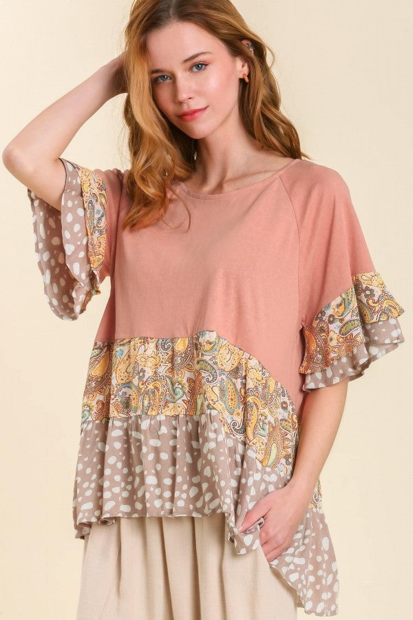 Umgee Boat Neck Top with Mixed Print in Rose Mix FINAL SALE Top Umgee   