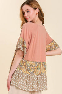 Umgee Boat Neck Top with Mixed Print in Rose Mix Top Umgee   