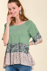 Umgee Boat Neck Top with Mixed Print in Sage Mix  Umgee   