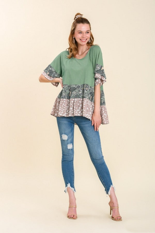 Umgee Boat Neck Top with Mixed Print in Sage Mix – June Adel