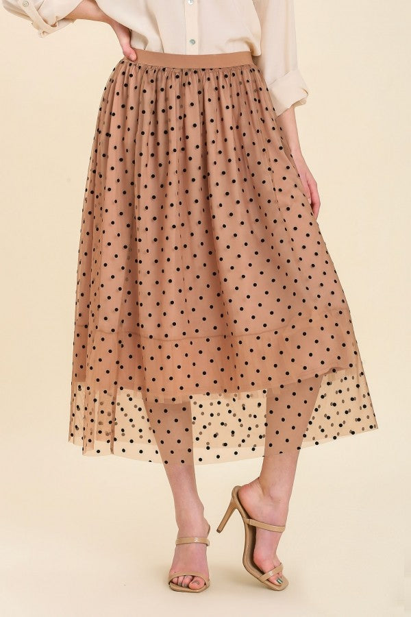 Umgee Velvet Polka Dot Patterned Mesh and Tulle Midi Skirt in Cappuccino Skirt Umgee   