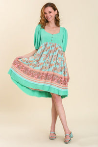 Umgee Solid and Floral Print Linen Blend Dress in Mint Mix Dress Umgee   