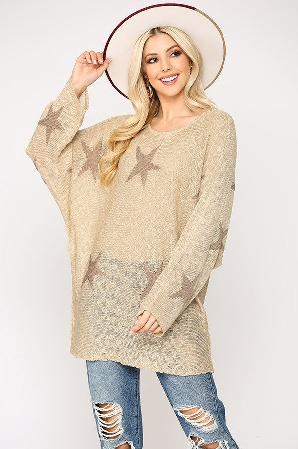 GiGio Sheer Lightweight Sweater with Star Pattern in Sand Top Gigio   