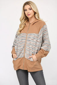 GiGio French Terry and Textured Knit Hooded Top in Camel Top Gigio   