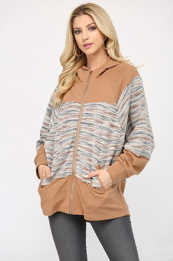 GiGio French Terry and Textured Knit Hooded Top in Camel Top Gigio   