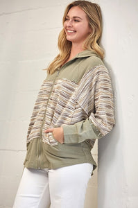 GiGio French Terry and Textured Knit Hooded Top in Light Olive Top Gigio   