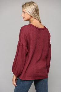 GiGio Textured Knit Top with Raw Edge Details in Wine Top Gigio   
