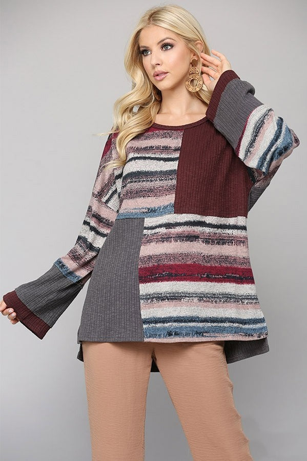 Mixed Color Block Top by GiGio in Wine and Gray Top Gigio   
