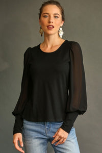 GiGio Solid Top with Chiffon Puff Sleeves in Black Top Gigio   