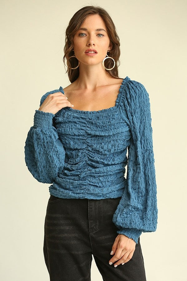 GiGio Ruched and Texturd Top in Teal-FINAL SALE Top Gigio   
