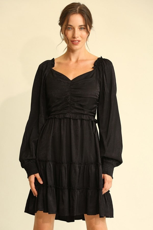 GiGio Dress with Ruching and Tiered Ruffles in Black Dress Gigio   