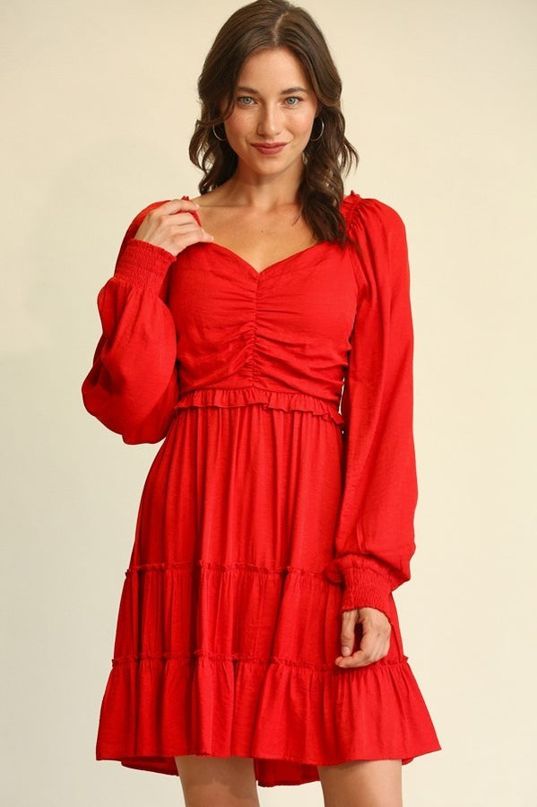 GiGio Dress with Ruching and Tiered Ruffles in Scarlet-FINAL SALE Dress Gigio   