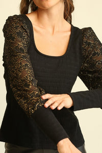 GiGio Black Top with Lace Puff Sleeves-FINAL SALE Top Gigio   
