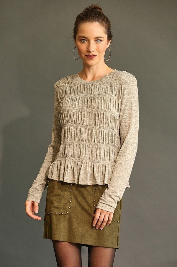 GiGio Smocked and Ruched Top in Oatmeal Top Gigio   