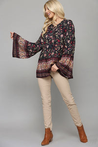 GiGio Navy Floral Print Top with Bell Sleeves Top Gigio   