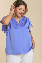 Load image into Gallery viewer, Umgee Satin Top with Split Neckline &amp; Ruffled Sleeves in Periwinkle Shirts &amp; Tops Umgee   
