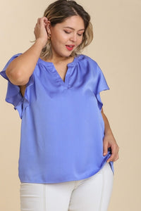 Umgee Satin Top with Split Neckline & Ruffled Sleeves in Periwinkle Shirts & Tops Umgee   