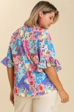 Load image into Gallery viewer, Mixed Print Ruffle Sleeve V-Neck Crossbody Top in Periwinkle Mix Top Umgee   
