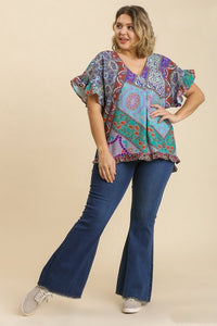 Umgee Printed Top with Ruffled Sleeves in Green Mix Shirts & Tops Umgee   