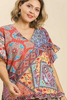 Umgee Printed Top with Ruffled Sleeves in Mango Mix Shirts & Tops Umgee   