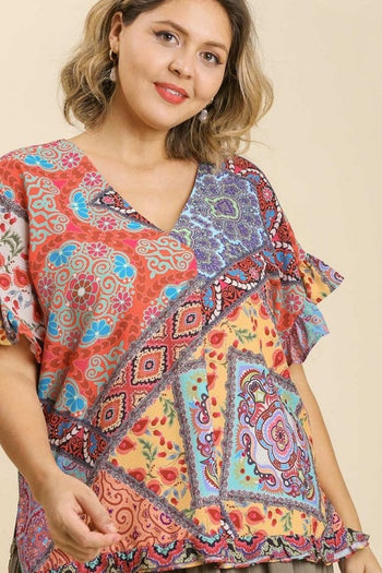 Umgee Printed Top with Ruffled Sleeves in Mango Mix Shirts & Tops Umgee   