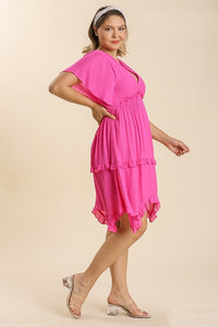 Umgee Textured Dress with Asymmetrical Hemline in Hot Pink Dresses Umgee   
