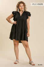 Load image into Gallery viewer, Umgee Black Linen Blend Tiered Dress with Ruffled Sleeves Dresses Umgee   
