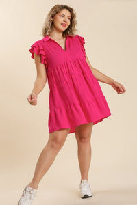Umgee Hot Pink Linen Blend Tiered Dress with Ruffled Sleeves Dresses Umgee   