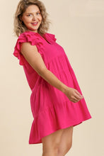 Load image into Gallery viewer, Umgee Hot Pink Linen Blend Tiered Dress with Ruffled Sleeves Dresses Umgee   
